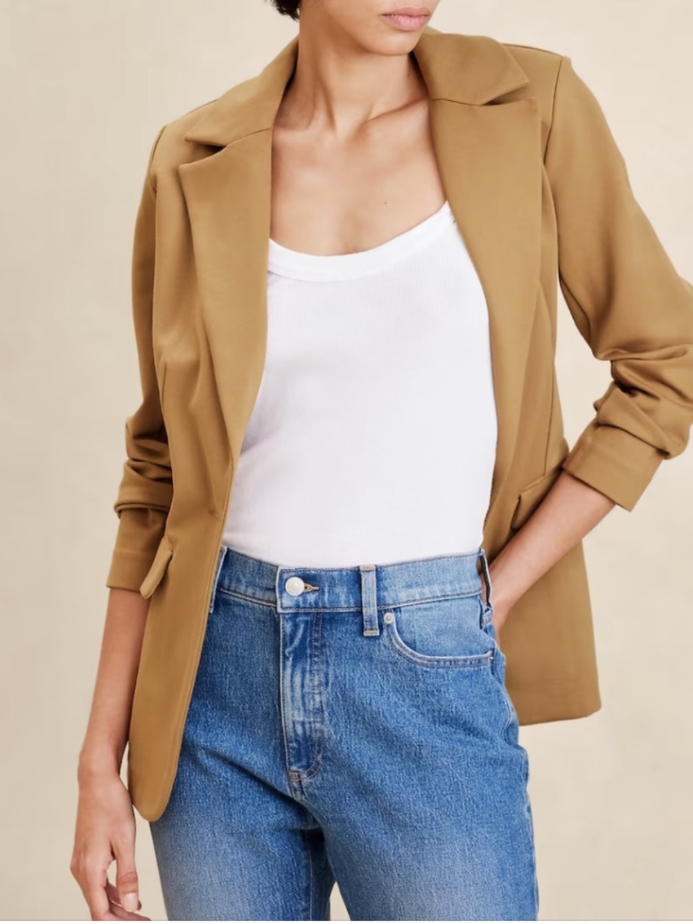 Banana Republic Women's long ponte Camel Single-Button Blazer